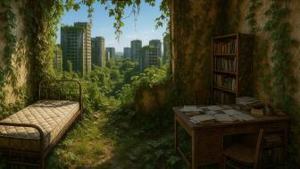 Abandoned Serenity in Overgrown Cityscape wallpaper