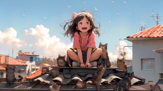 Anime girl on the roof with cats wallpaper