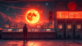 Futuristic Control Room Under a Fiery Sky wallpaper
