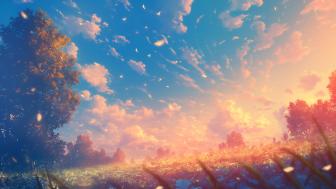 Anime Sunset Serenity in a Dreamy Field wallpaper