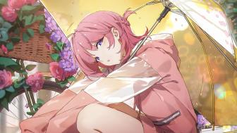 Pink-Haired Anime Girl with Umbrella Tranquility wallpaper