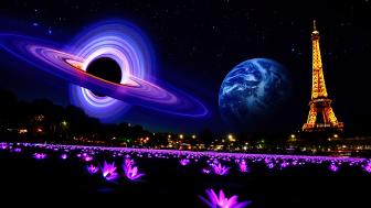 Cosmic Parisian Dreamscape: Eiffel Tower and Celestial Beauty wallpaper