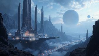 Futuristic Citadel in Misty Mountains at Dusk wallpaper