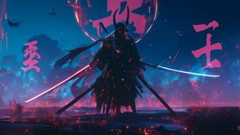 Futuristic Samurai in a Neon-Drenched Realm wallpaper