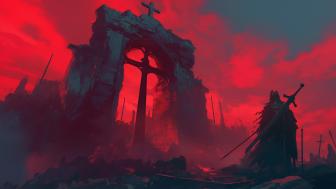 Crimson Skies Over Fallen Ruins wallpaper