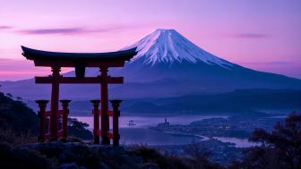 Torii Gate at Dusk with Mount Fuji in View wallpaper
