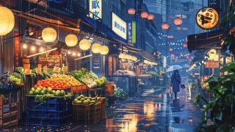 Evening Stroll in a Rainy Anime Market wallpaper