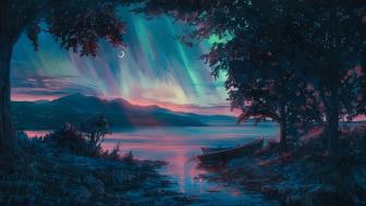 Dusk Serenity Anime Wallpaper with Aurora over Lake wallpaper