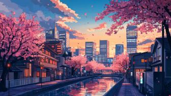 Anime Urban Serenity in Blooming Cityscape wallpaper