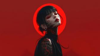 Red and Black Elegance: Tattooed Anime Girl Portrait wallpaper