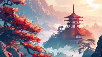 Dreamlike Oriental Pagoda in Morning Light wallpaper