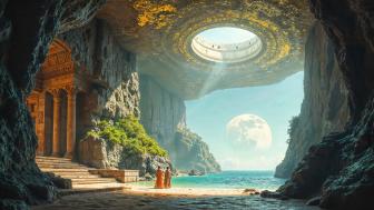 Futuristic Seascape Sanctuary in Sci-Fi Cave wallpaper
