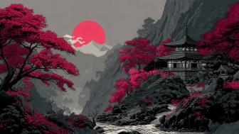 Dusk Serenity in an Oriental Mountain Scene wallpaper