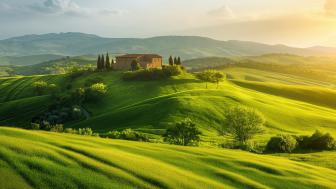Tuscany's Majestic Rolling Hills in Sunrise Glow wallpaper