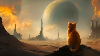 Cat's Cosmic View in a Sci-Fi World wallpaper