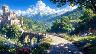 Enchanted Anime Castle in Lush Landscape wallpaper