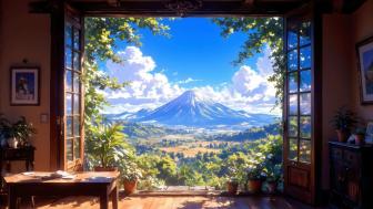 Serene Anime Room with Volcano View wallpaper