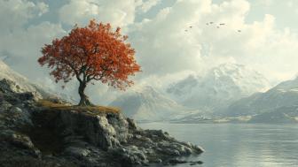 Red Tree on a Serene Mountainside wallpaper