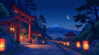 Anime Night Journey Through a Tranquil Japanese Landscape wallpaper