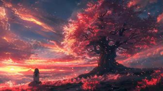 Red Sunset Reverie under Anime Skies wallpaper