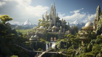 Fantasy Metropolis Under Majestic Peaks wallpaper