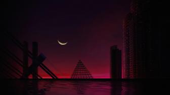 Red and Black Futuristic Moonlit Skyline wallpaper