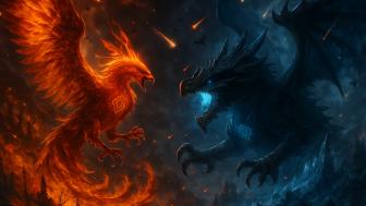 Phoenix and Dragon Showdown in Fiery Battle wallpaper