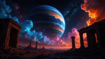 Planetary Ruins Under a Cosmic Twilight wallpaper