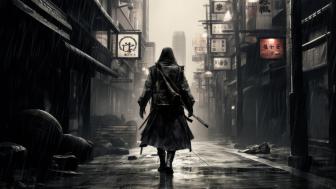 Urban Samurai in a Misty Alleyway wallpaper