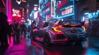 Car in Neon Night Cityscape wallpaper