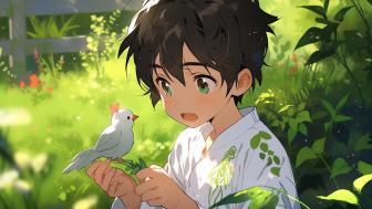 Anime Boy's Gentle Moment with Bird in Nature wallpaper