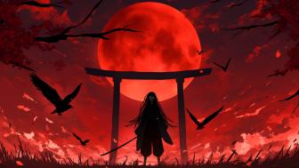 Samurai Moonlit Reverie: Blood Moon and Ravens wallpaper