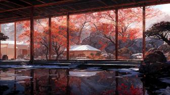Anime Sanctuary in Autumn Glow wallpaper