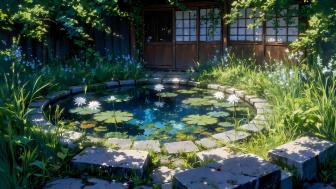 Serene Anime Garden with Pond and Water Lilies wallpaper