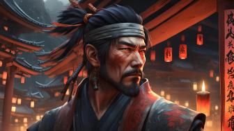 Samurai in Lantern Lit Sanctuary wallpaper