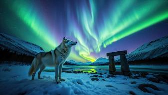 Wolf Under the Arctic Aurora wallpaper