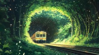 Enchanted Train Journey Through Lush Green Tunnel wallpaper