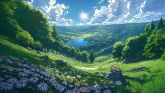 Anime Meadow Bliss: A Serene Landscape wallpaper