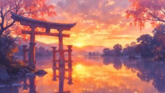Anime Sunset Serenity by the Lake wallpaper