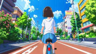 Anime Ride through a Vibrant Urban Scene wallpaper