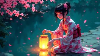 Anime Girl with Lantern by Tranquil Waters wallpaper
