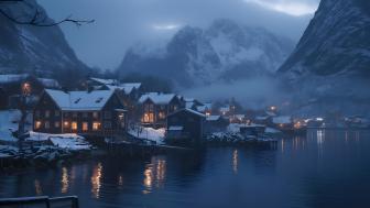 Mountain Village Mystique in Winter Tranquility wallpaper