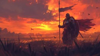 Medieval Warrior at Twilight: Enchanted Battlefield Evening wallpaper