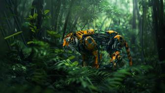 futuristic-half-robot-tiger-nature wallpaper