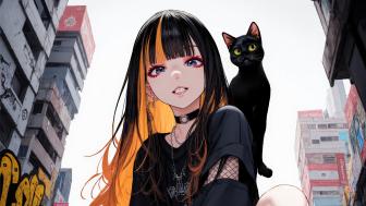 Anime Girl and Black Cat in Urban Setting wallpaper