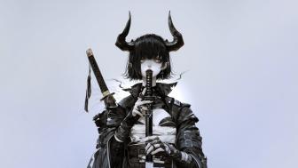 Demoness with Horns and Katana in Gothic Style Art wallpaper