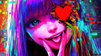 Vibrant Anime Beauty in a Glitchy Wonderland wallpaper