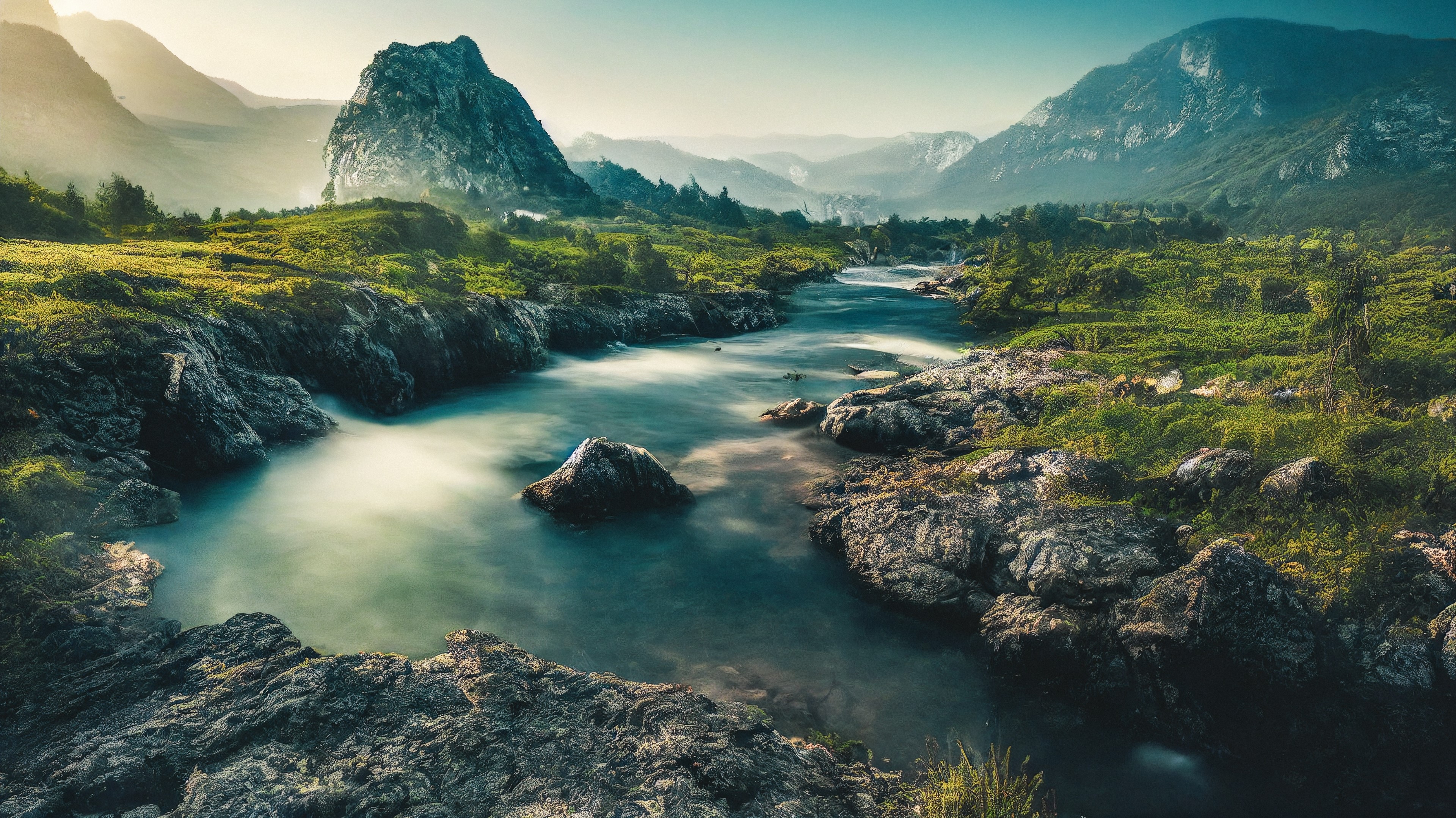 Highland Rivers Emerald Highland River Winding Through Rocky Summits in Soft Morning ...