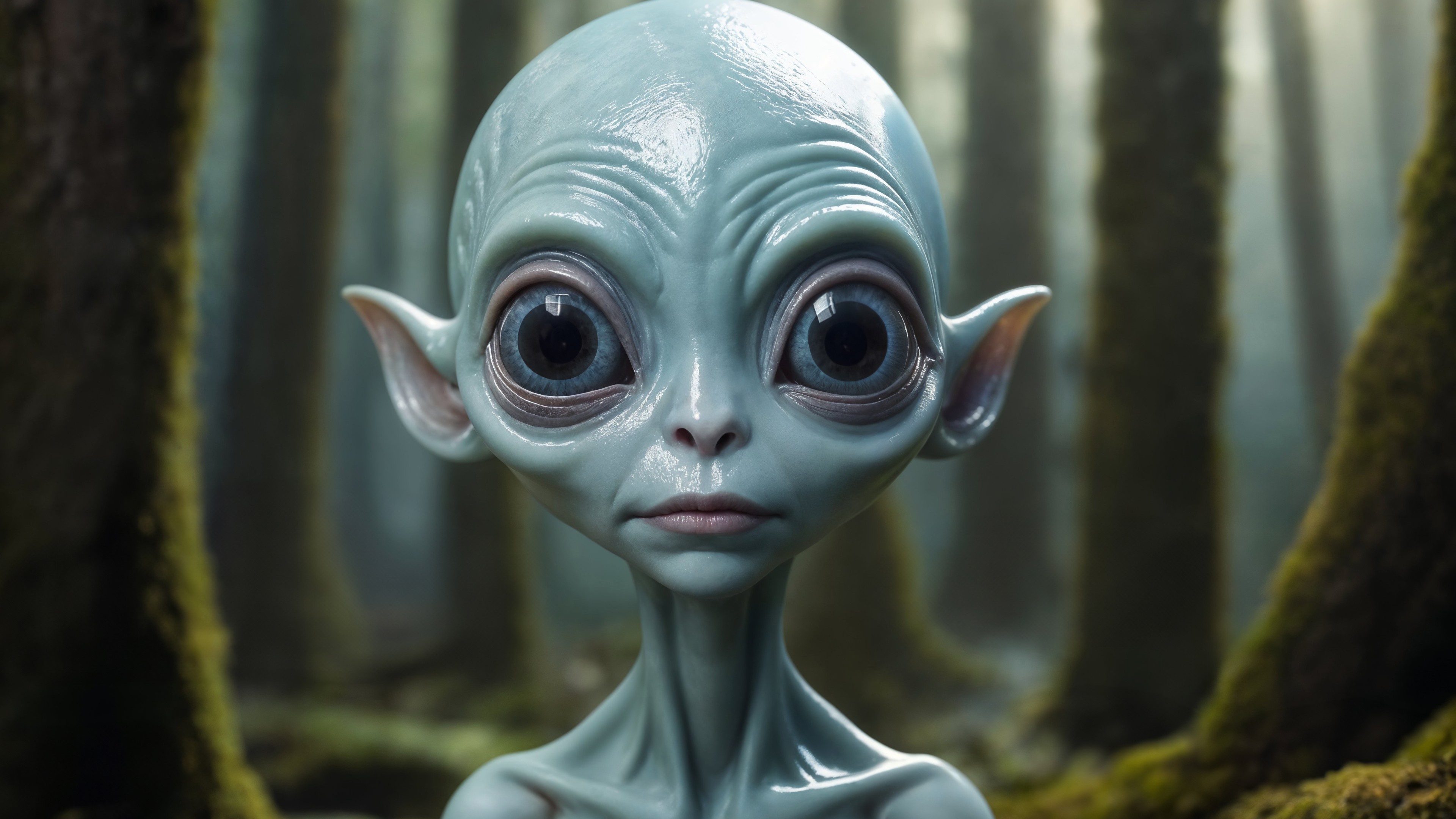 Wide Eyed Alien Wanderer in a Misty Forest Realm - backiee