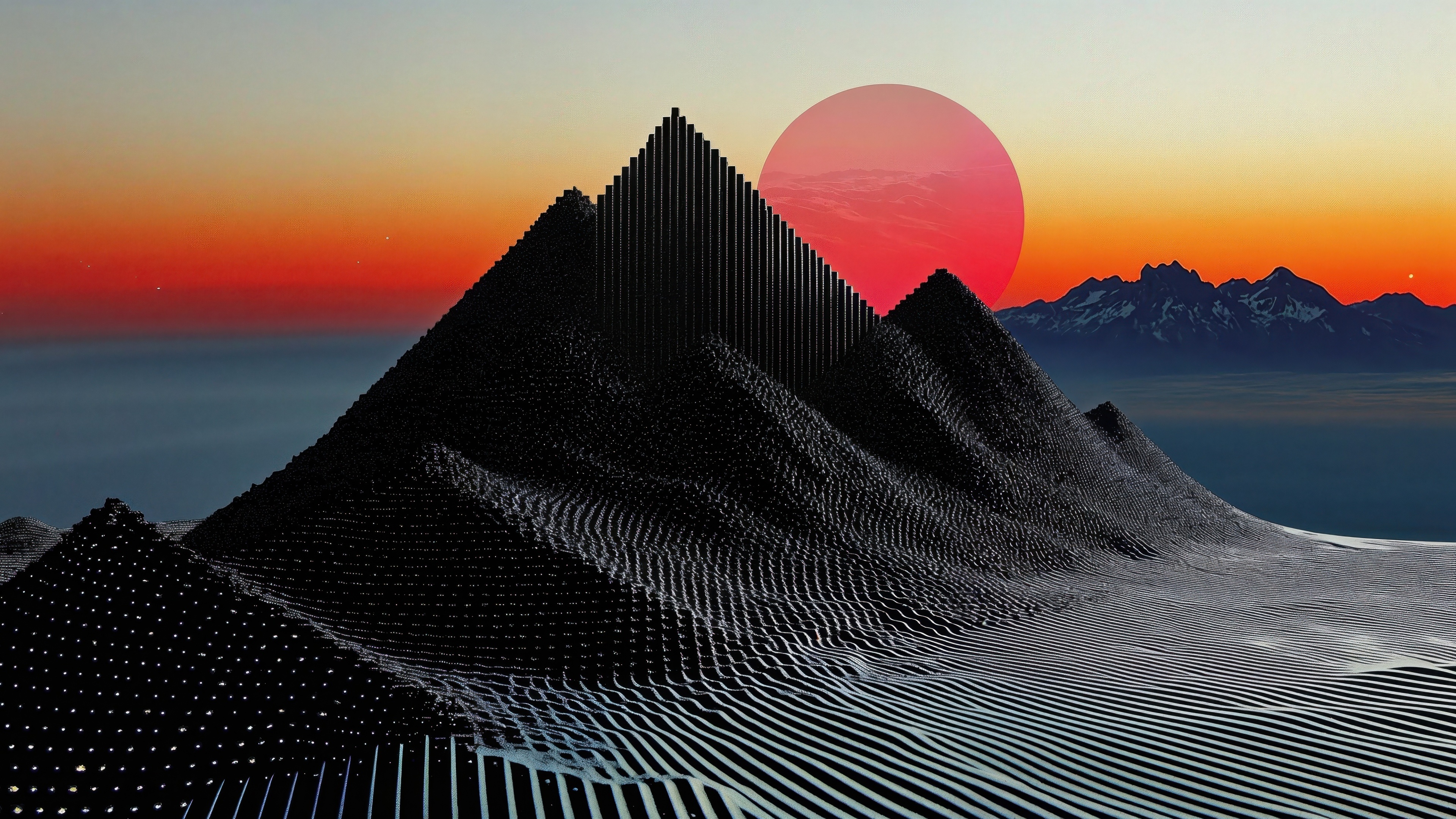 Neon Sunset Over Digital Mountains in Retro Futuristic Synthwave Style ...